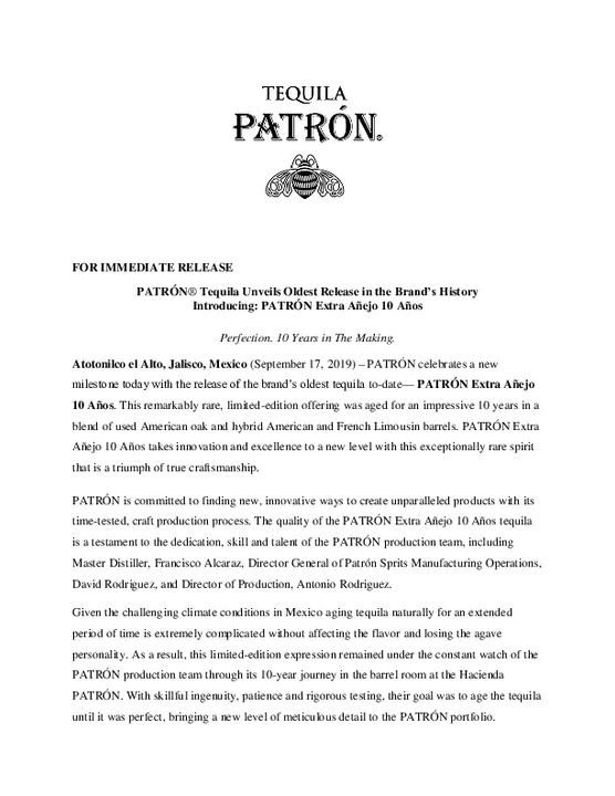 PATRÓN® TEQUILA UNVEILS OLDEST RELEASE IN THE BRAND’S HISTORY

