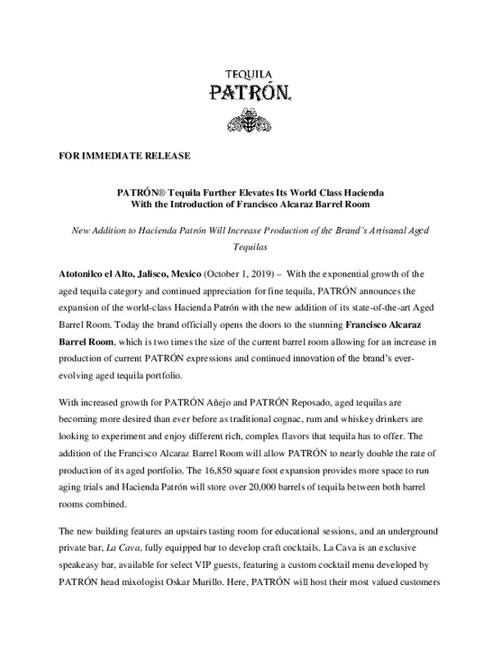 PATRÓN® TEQUILA FURTHER ELEVATES ITS WORLD-CLASS HACIENDA WITH THE INTRODUCTION OF FRANCISCO ALCARAZ BARREL ROOM 
