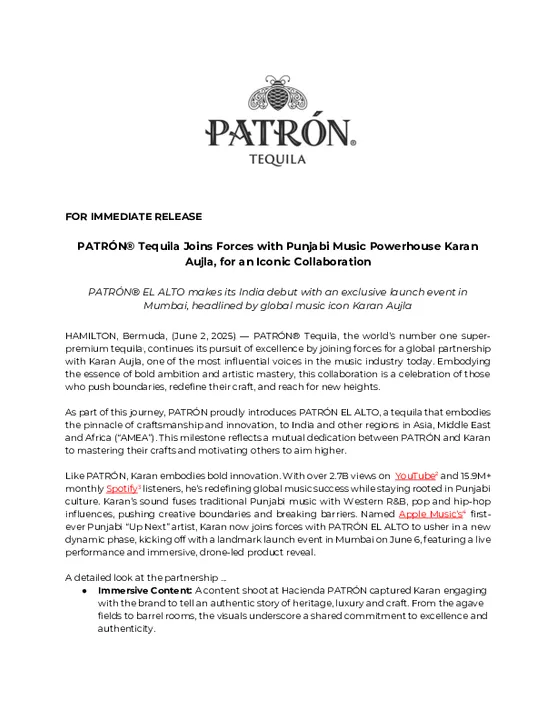 PATRÓN® Tequila Joins Forces with Punjabi Music Powerhouse Karan Aujla, for an Iconic Collaboration