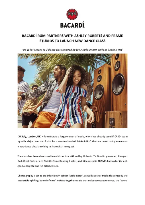 BACARDÍ RUM PARTNERS WITH ASHLEY ROBERTS AND FRAME STUDIOS TO LAUNCH NEW DANCE CLASS