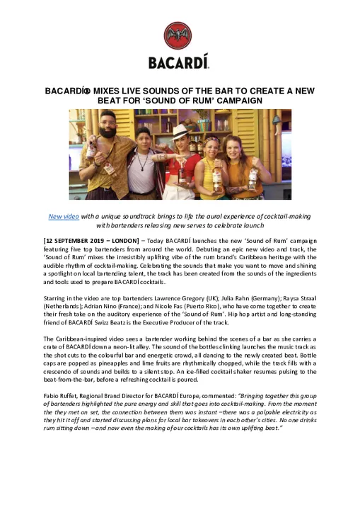 BACARDÍ MIXES SOUND FROM COCKTAIL MAKING TO LAUNCH NEW 'SOUND OF RUM' TRACK