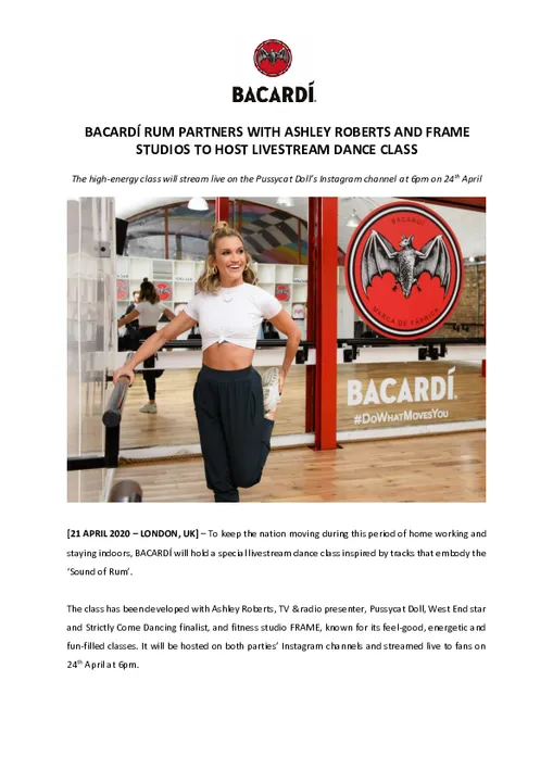 
 BACARDÍ RUM PARTNERS WITH ASHLEY ROBERTS AND FRAME STUDIOS TO HOST LIVESTREAM DANCE CLASS 