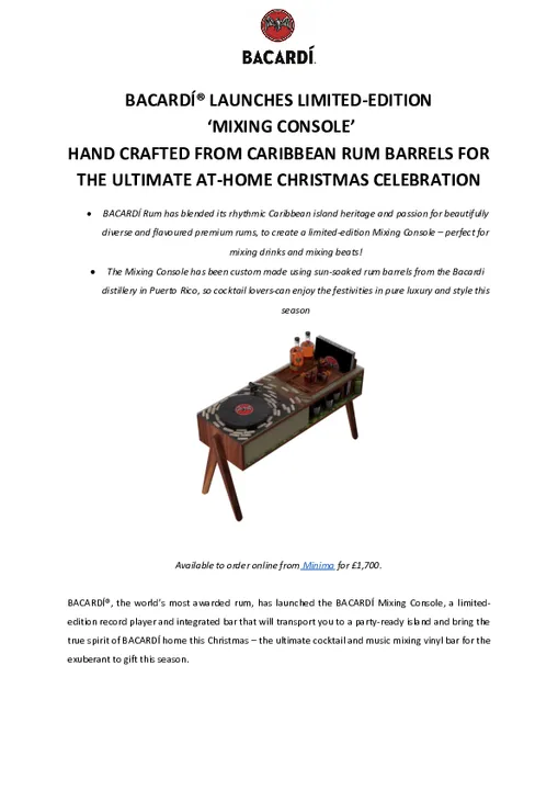 BACARDÍ® LAUNCHES LIMITED-EDITION 'MIXING CONSOLE' HAND CRAFTED FROM CARIBBEAN RUM BARRELS FOR THE ULTIMATE AT-HOME CHRISTMAS CELEBRATION 