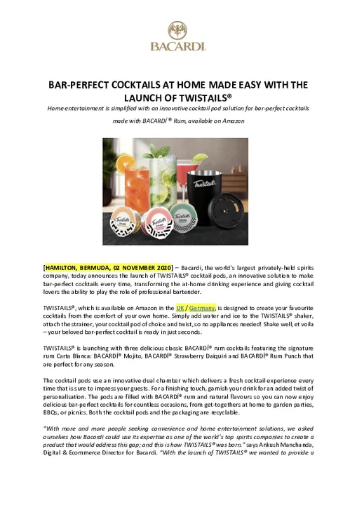 BAR-PERFECT COCKTAILS AT-HOME MADE EASY WITH THE LAUNCH OF TWISTAILS®