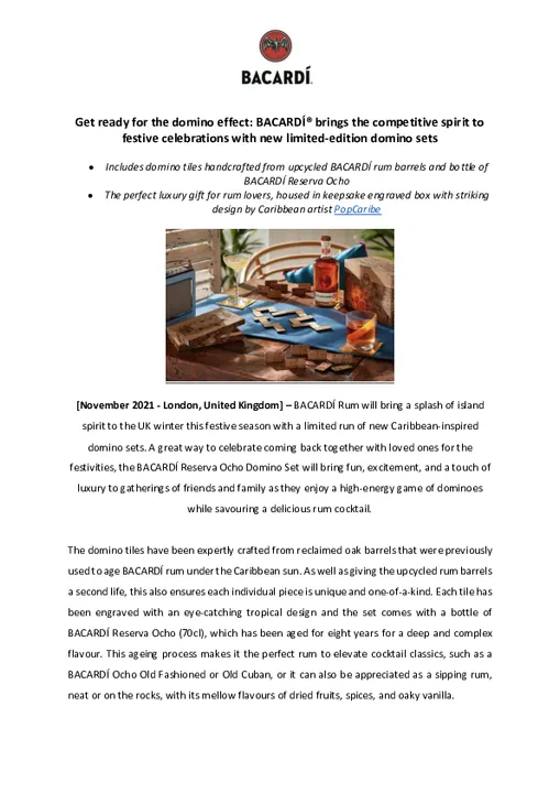 GET READY FOR THE DOMINO EFFECT: BACARDÍ® BRINGS THE COMPETITIVE SPIRIT TO FESTIVE CELEBRATIONS WITH NEW LIMITED-EDITION DOMINO SETS