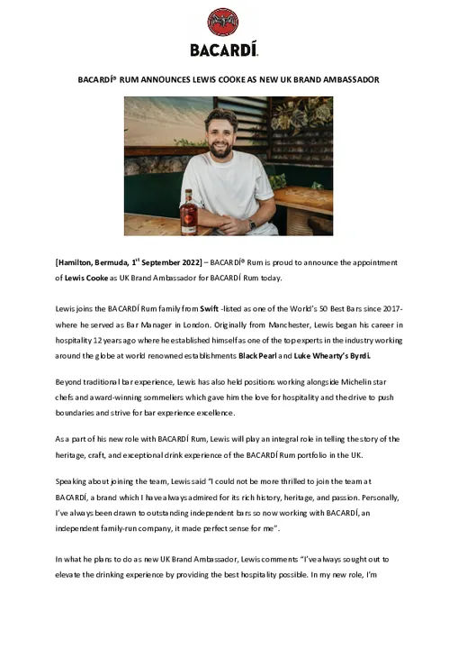 BACARDÍ® RUM ANNOUNCES LEWIS COOKE AS NEW UK BRAND AMBASSADOR
