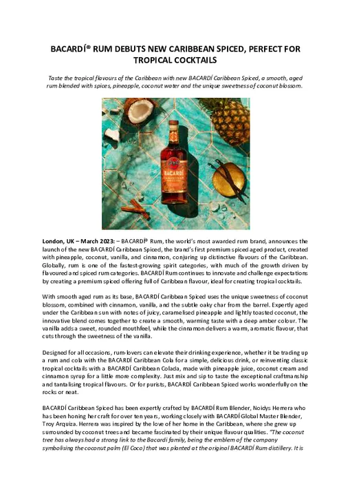BACARDÍ® RUM DEBUTS NEW CARIBBEAN SPICED, PERFECT FOR TROPICAL COCKTAILS