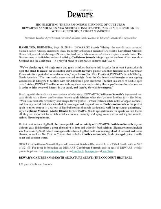 HIGHLIGHTING THE HARMONIOUS BLENDING OF CULTURES: DEWAR’S® ANNOUNCES NEW SERIES OF INNOVATIVE CASK-FINISHED WHISKIES WITH LAUNCH OF CARIBBEAN SMOOTH