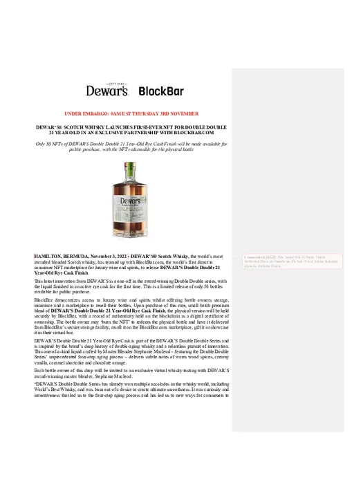 DEWAR’S® SCOTCH WHISKY LAUNCHES FIRST-EVER NFT FOR DOUBLE DOUBLE 21 YEAR OLD IN AN EXCLUSIVE PARTNERSHIP WITH BLOCKBAR.COM