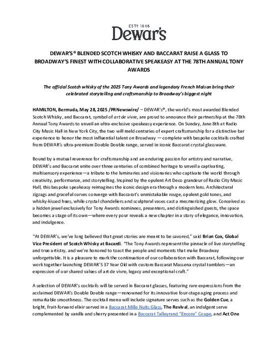 DEWAR’S® BLENDED SCOTCH WHISKY AND BACCARAT RAISE A GLASS TO BROADWAY’S FINEST WITH COLLABORATIVE SPEAKEASY AT THE 78TH ANNUAL TONY AWARDS