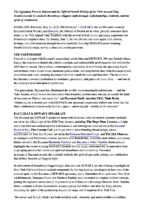 BACCARAT AND DEWAR'S BLENDED SCOTCH WHISKY RETURN TO THE TONY AWARDS WITH THE REVIVAL OF THEIR ICONIC SPEAKEASY EXPERIENCE.pdf