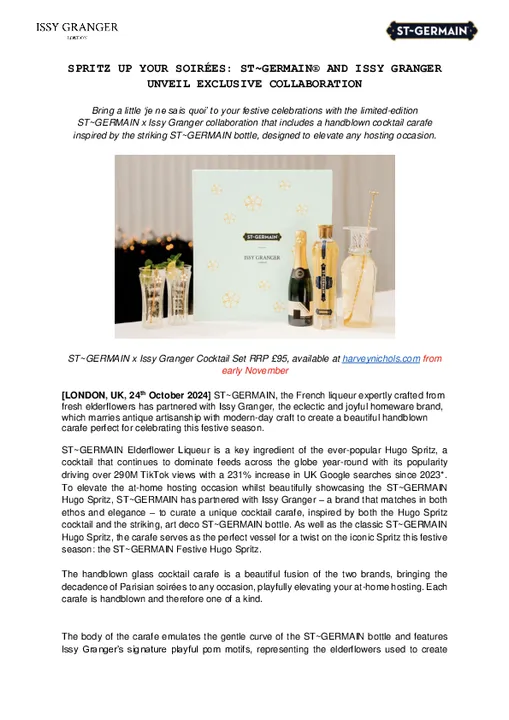 SPRITZ UP YOUR SOIRÉES: ST~GERMAIN® AND ISSY GRANGER UNVEIL EXCLUSIVE COLLABORATION 