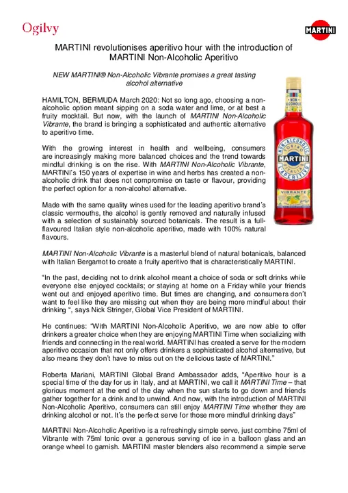 MARTINI REVOLUTIONISES APERITIVO HOUR WITH THE INTRODUCTION OF MARTINI NON-ALCOHOLIC APERITIVO

