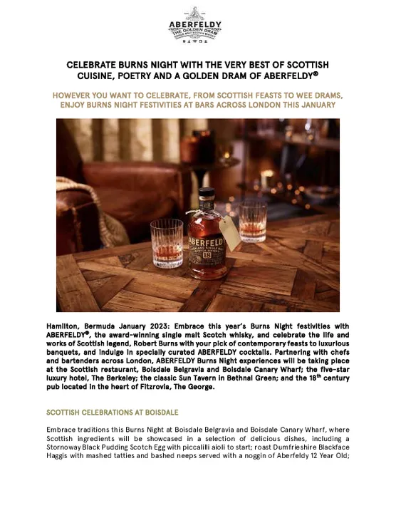 CELEBRATE BURNS NIGHT WITH THE VERY BEST OF SCOTTISH CUISINE, POETRY AND A GOLDEN DRAM OF ABERFELDY®