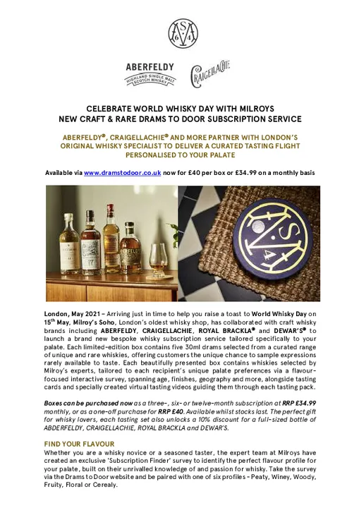 CELEBRATE WORLD WHISKY DAY WITH MILROYS NEW CRAFT &amp; RARE DRAMS TO DOOR SUBSCRIPTION SERVICE