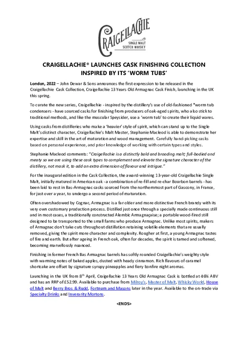 CRAIGELLACHIE® LAUNCHES CASK FINISHING COLLECTION INSPIRED BY ITS ‘WORM TUBS’