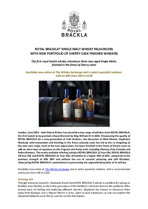ROYAL BRACKLA® SINGLE MALT WHISKY RELAUNCHES WITH NEW PORTFOLIO OF SHERRY CASK FINISHED WHISKIES