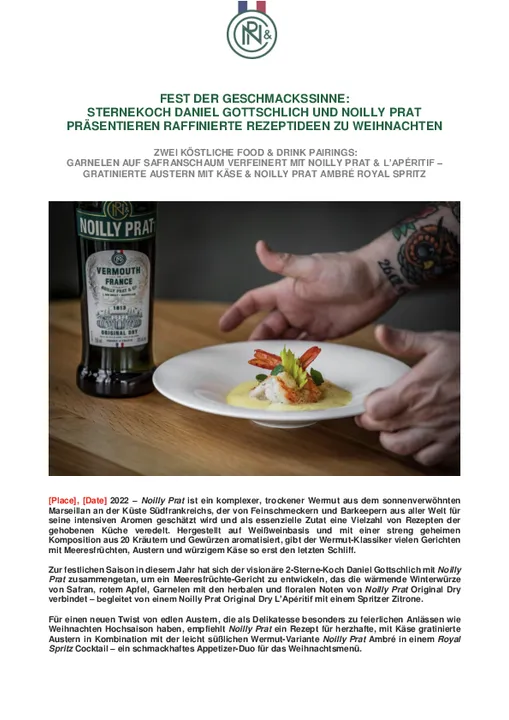 FEST DER GESCHMACKSSINNE:  STERNEKOCH DANIEL GOTTSCHLICH UND NOILLY PRAT  PRÄSENTIEREN RAFFINIERTE REZEPTIDEEN ZU WEIHNACHTEN 