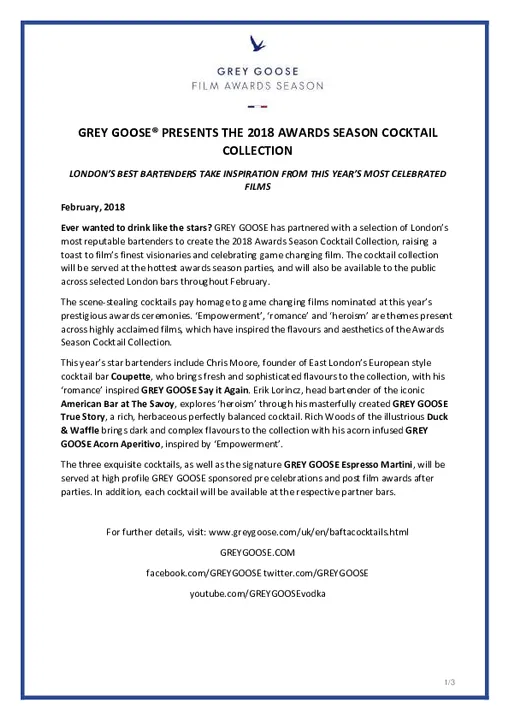 GREY GOOSE® PRESENTS THE 2018 AWARDS SEASON COCKTAIL COLLECTION