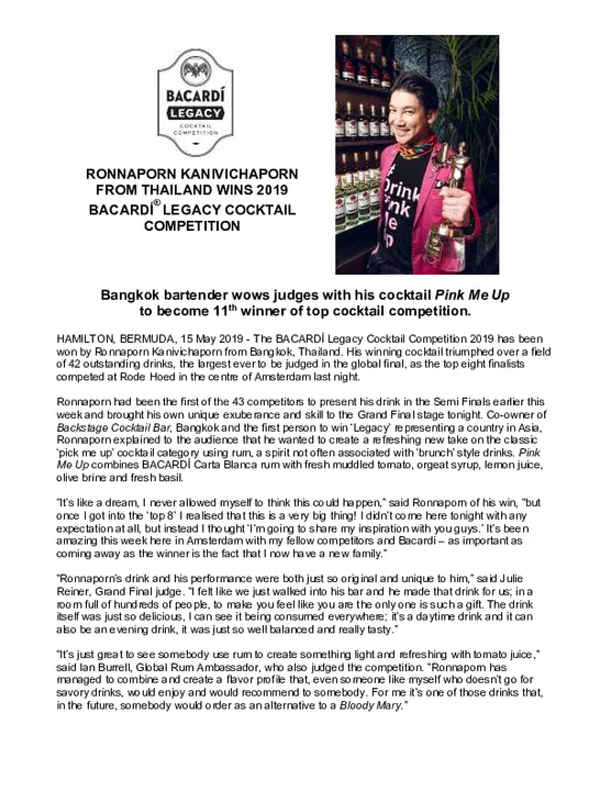RONNAPORN KANIVICHAPORN FROM THAILAND WINS
2019
BACARDÍ® LEGACY COCKTAIL
COMPETITION