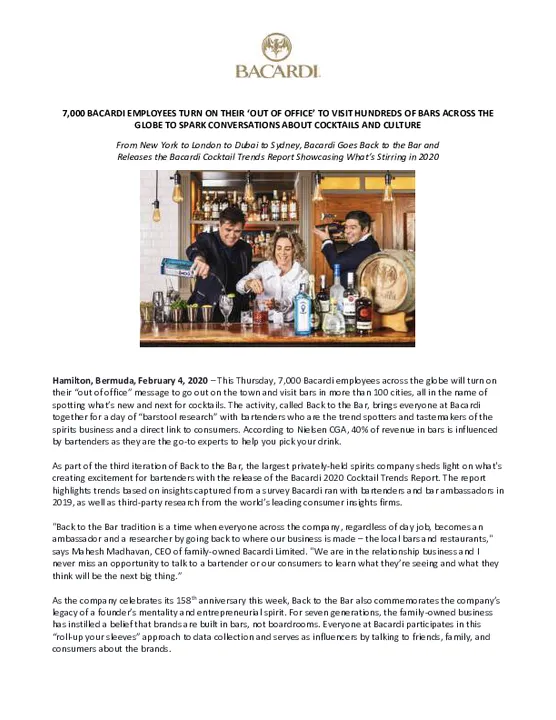 BACARDI GOES BACK TO THE BAR AROUND THE WORLD TO CHAT ABOUT COCKTAILS &amp; CULTURE 