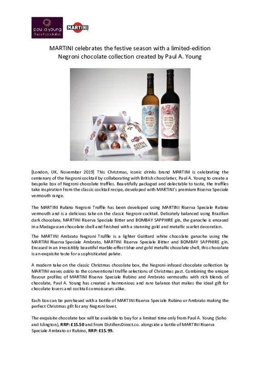 MARTINI CELEBRATES THE FESTIVE SEASON WITH A LIMITED-EDITION 
NEGRONI CHOCOLATE COLLECTION CREATED BY PAUL A. YOUNG
