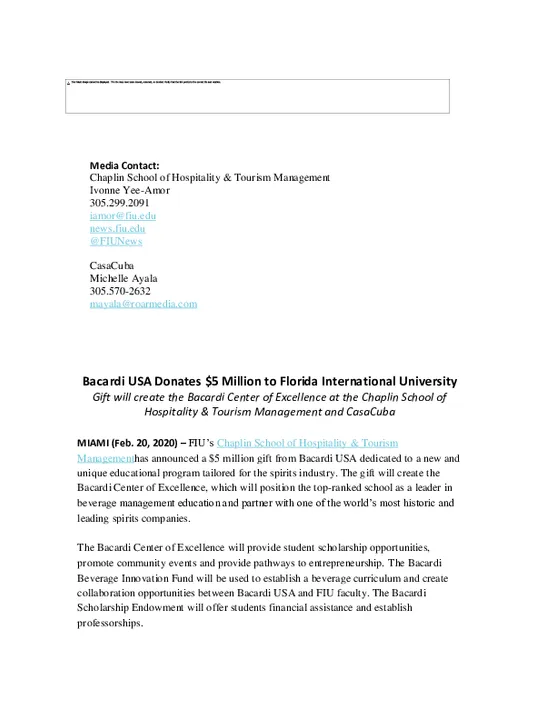 BACARDI USA DONATES $5 MILLION TO FLORIDA INTERNATIONAL UNIVERSITY