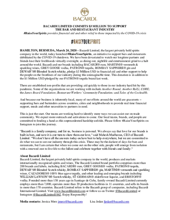 BACARDI LIMITED COMMITS $3 MILLION TO SUPPORT 
THE BAR AND RESTAURANT INDUSTRY
