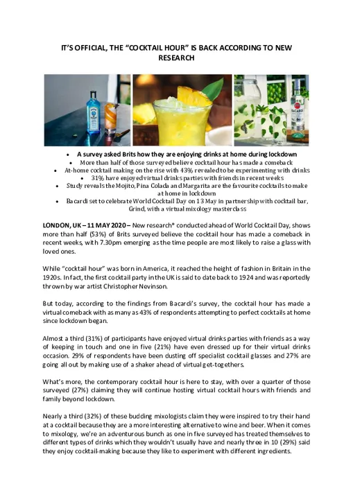 IT'S OFFICIAL, THE "COCKTAIL HOUR" IS BACK ACCORDING TO NEW RESEARCH 