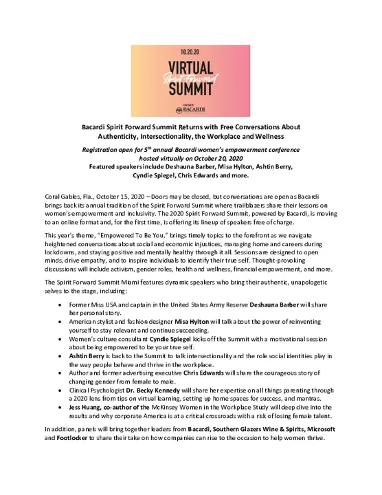 BACARDI SPIRIT FORWARD SUMMIT RETURNS WITH FREE CONVERSATIONS ABOUT AUTHENTICITY, INTERSECTIONALITY, THE WORKPLACE AND WELLNESS
