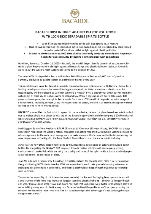 BACARDI FIRST IN FIGHT AGAINST PLASTIC POLLUTION WITH 100% BIODEGRADABLE SPIRITS BOTTLE 
