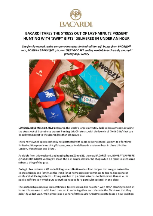 BACARDI TAKES THE STRESS OUT OF LAST-MINUTE PRESENT HUNTING WITH ‘SWIFT GIFTS’ DELIVERED IN UNDER AN HOUR