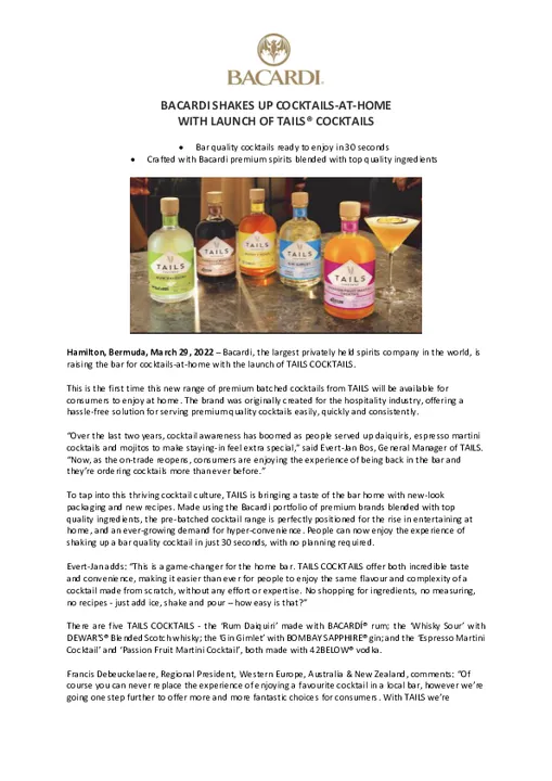 BACARDI SHAKES UP COCKTAILS-AT-HOME WITH LAUNCH OF TAILS® COCKTAILS  