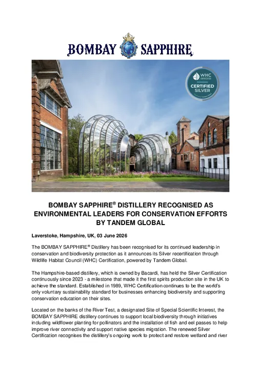FINAL V_ BOMBAY SAPPHIRE® DISTILLERY RECOGNISED AS ENVIRONMENTAL LEADERS FOR CONSERVATION EFFORTS BY TANDEM GLOBAL.docx