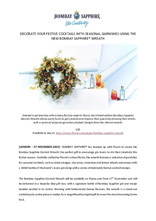 DECORATE YOUR FESTIVE COCKTAILS WITH SEASONAL GARNISHES USING THE NEW BOMBAY SAPPHIRE® WREATH