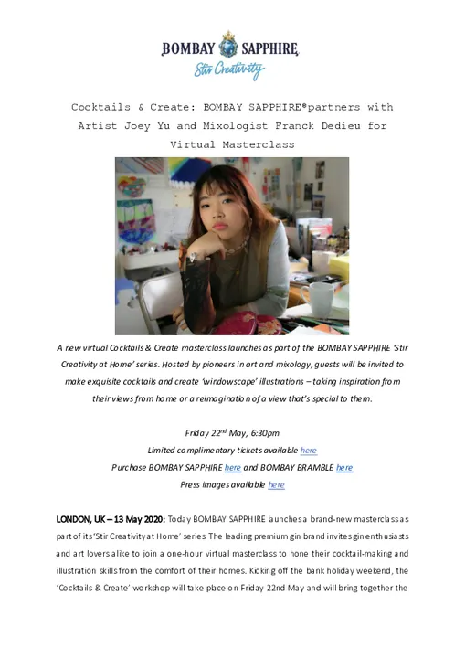 COCKTAILS &amp; CREATE: BOMBAY SAPPHIRE® PARTNERS WITH ARTIST JOEY YU AND MIXOLOGIST FRANCK DEDIEU FOR VIRTUAL MASTERCLASS 