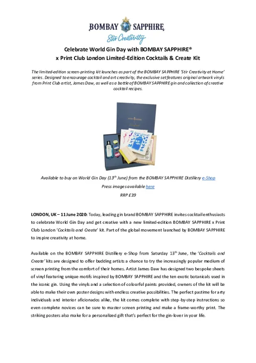 CELEBRATE WORLD GIN DAY WITH BOMBAY SAPPHIRE® 
X PRINT CLUB LONDON LIMITED-EDITION COCKTAILS &amp; CREATE KIT
