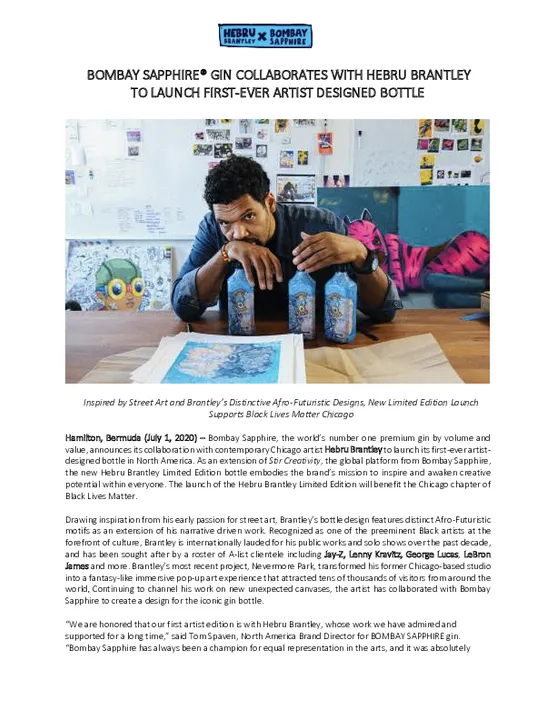 BOMBAY SAPPHIRE® GIN COLLABORATES WITH HEBRU BRANTLEY TO LAUNCH FIRST-EVER ARTIST DESIGNED BOTTLE
