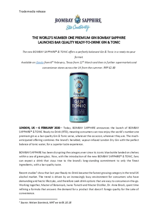 BOMBAY SAPPHIRE® LAUNCHES PREMIUM BAR QUALITY READY-TO-DRINK GIN &amp; TONIC