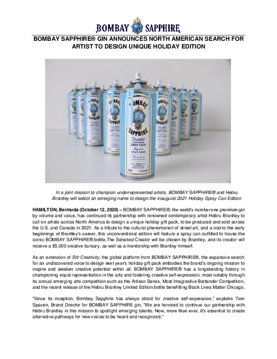 BOMBAY SAPPHIRE® GIN ANNOUNCES NORTH AMERICAN SEARCH FOR ARTIST TO DESIGN UNIQUE HOLIDAY EDITION