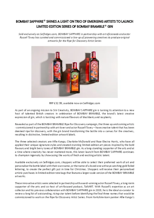 BOMBAY SAPPHIRE® SHINES A LIGHT ON TRIO OF EMERGING ARTISTS TO LAUNCH LIMITED EDITION SERIES OF BOMBAY BRAMBLE® GIN