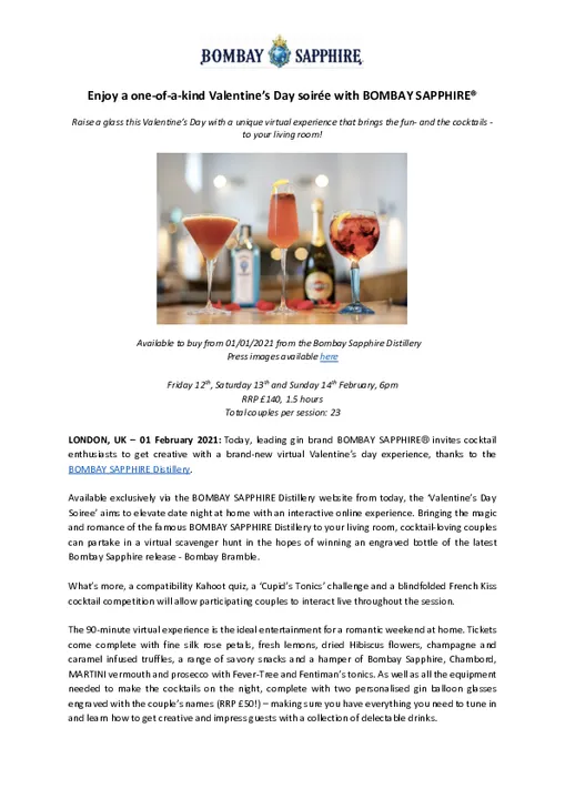 ENJOY A ONE-OF-A-KIND VALENTINE’S DAY SOIRÉE WITH BOMBAY SAPPHIRE®