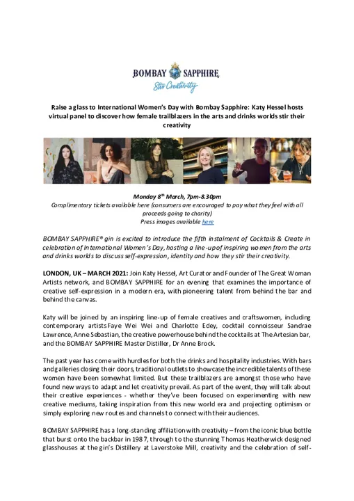 RAISE A GLASS TO INTERNATIONAL WOMEN’S DAY WITH BOMBAY SAPPHIRE: KATY HESSEL HOSTS VIRTUAL PANEL TO DISCOVER HOW FEMALE TRAILBLAZERS IN THE ARTS AND DRINKS WORLDS STIR THEIR CREATIVITY
