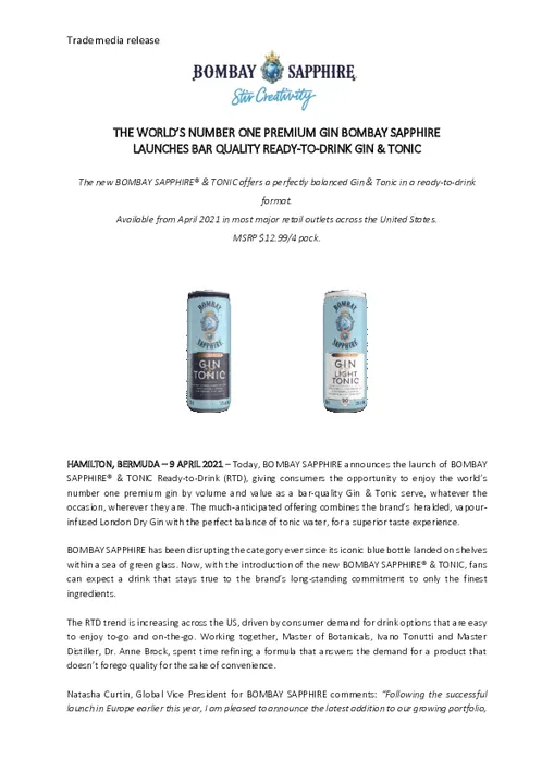 THE WORLD’S NUMBER ONE PREMIUM GIN BOMBAY SAPPHIRE  LAUNCHES BAR QUALITY READY-TO-DRINK GIN &amp; TONIC