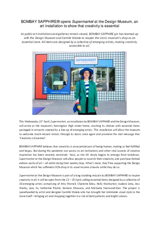 BOMBAY SAPPHIRE® OPENS SUPERMARKET AT THE DESIGN MUSEUM, AN ART INSTALLATION TO SHOW THAT CREATIVITY IS ESSENTIAL