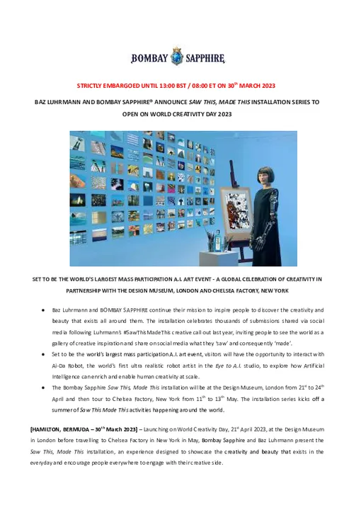 BAZ LUHRMANN AND BOMBAY SAPPHIRE® ANNOUNCE SAW THIS, MADE THIS INSTALLATION SERIES TO OPEN ON WORLD CREATIVITY DAY 2023