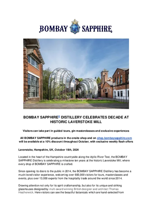 BOMBAY SAPPHIRE® DISTILLERY CELEBRATES DECADE AT HISTORIC LAVERSTOKE MILL