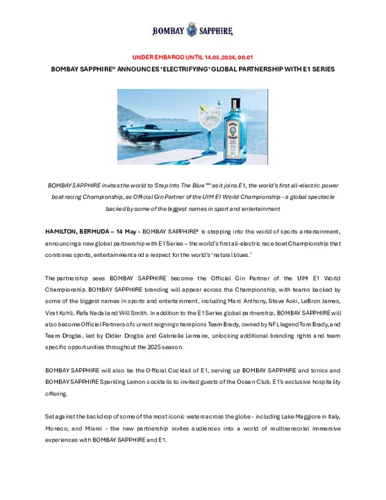 BOMBAY SAPPHIRE® ANNOUNCES ‘ELECTRIFYING’ GLOBAL PARTNERSHIP WITH E1 SERIES