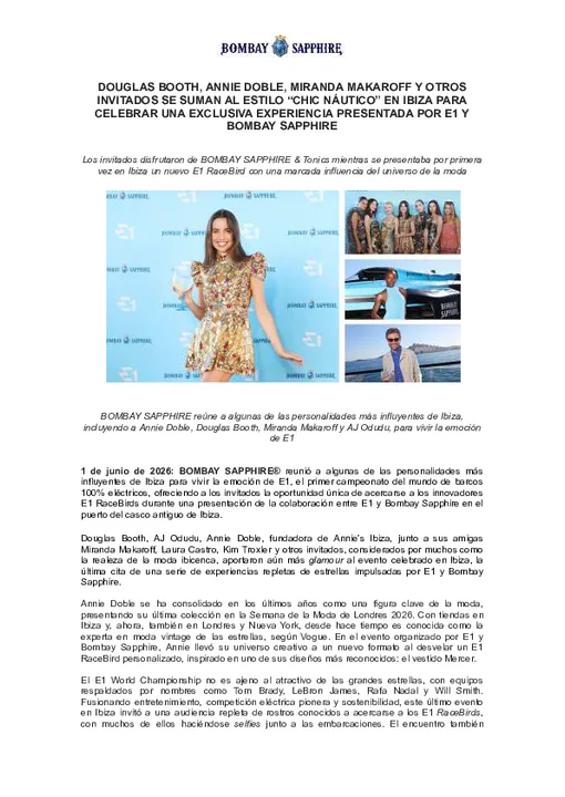 NDP_DOUGLAS BOOTH, ANNIE DOBLE, MIRANDA MAKAROFF Y OTROS INVITADOS SE SUMAN AL ESTILO “CHIC NÁUTICO” EN IBIZA PARA CELEBRAR UNA EXCLUSIVA EXPERIENCIA PRESENTADA POR E1 Y BOMBAY SAPPHIRE.docx.pdf