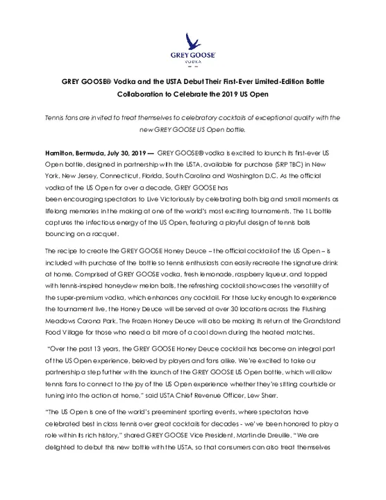 GREY GOOSE® VODKA AND THE USTA DEBUT THEIR FIRST-EVER LIMITED-EDITION BOTTLE COLLABORATION TO CELEBRATE THE 2019 US OPEN 